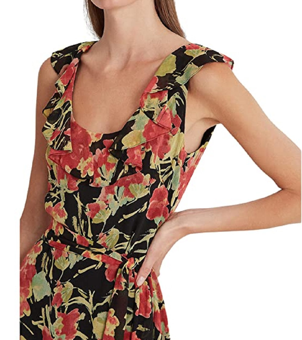 Ralph Lauren Women's Floral Crinkle Georgette Dress Black Size 2