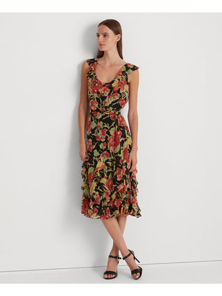 Ralph Lauren Women's Zippered Darted Tie Belt Sheer Floral Sleeveless Scoop Neck Midi A Line Dress Black Size 4