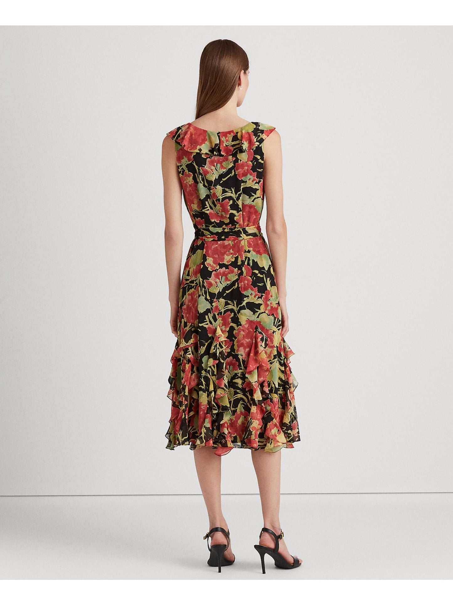 Ralph Lauren Women's Zippered Darted Tie Belt Sheer Floral Sleeveless Scoop Neck Midi A Line Dress Black Size 4