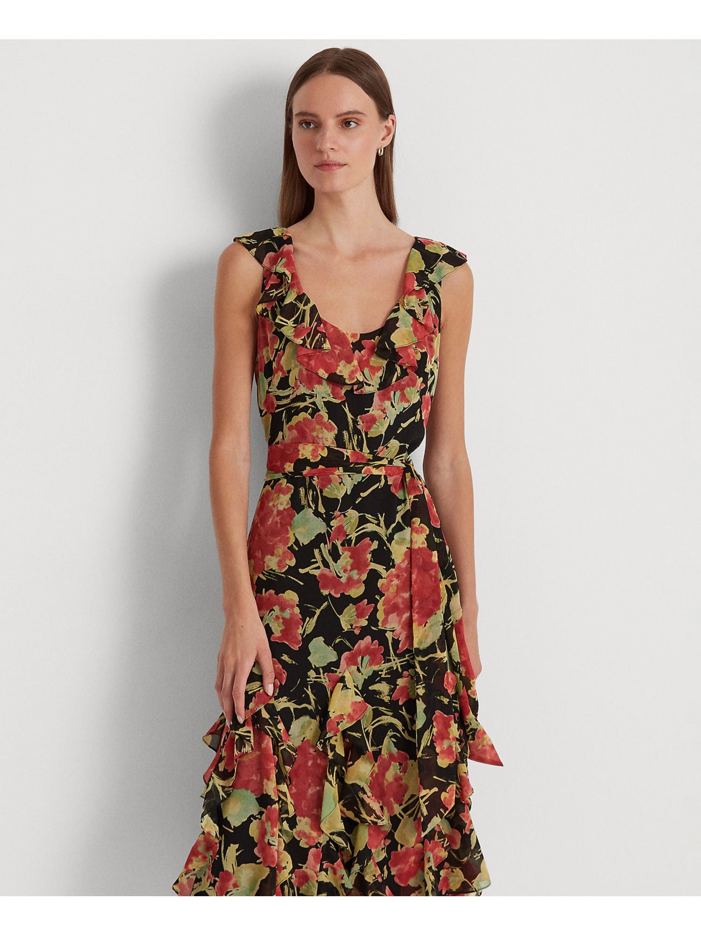 Ralph Lauren Women's Zippered Darted Tie Belt Sheer Floral Sleeveless Scoop Neck Midi A Line Dress Black Size 4