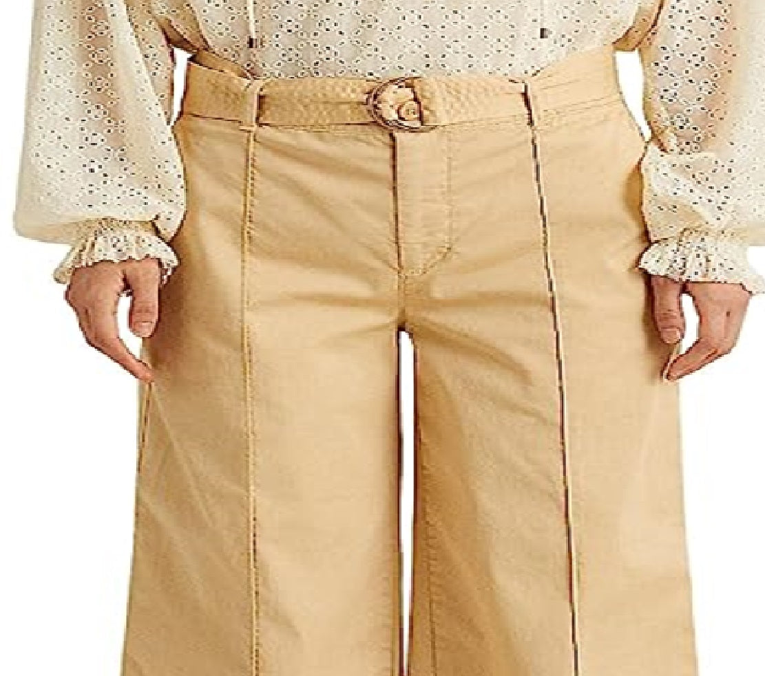 Ralph Lauren Women's Micro Sanded Twill Belted Wide Leg Pants Brown Size 12