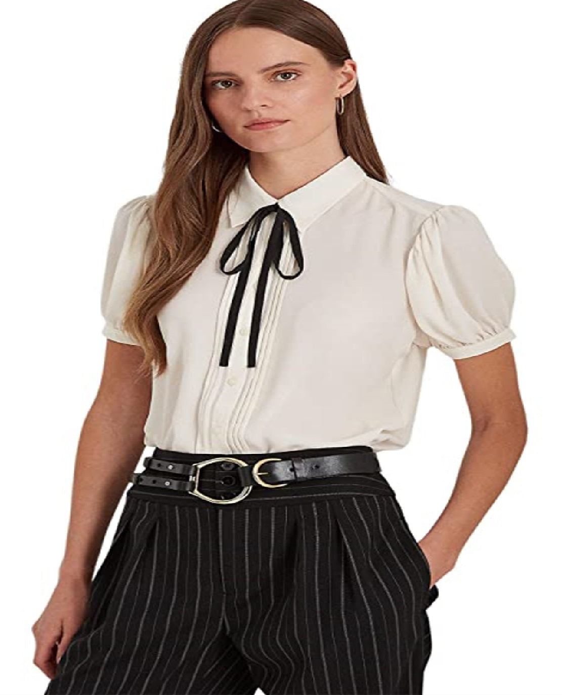 Ralph Lauren Women's Crinkle Georgette Puff Sleeve Shirt Brown Size X-Large