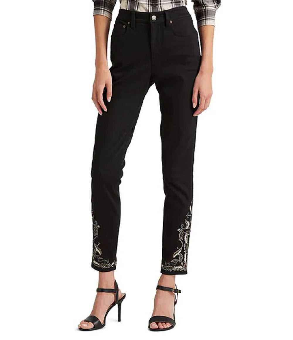 Ralph Lauren Women's Embroidered High Rise Skinny Ankle Jeans Black Size 16