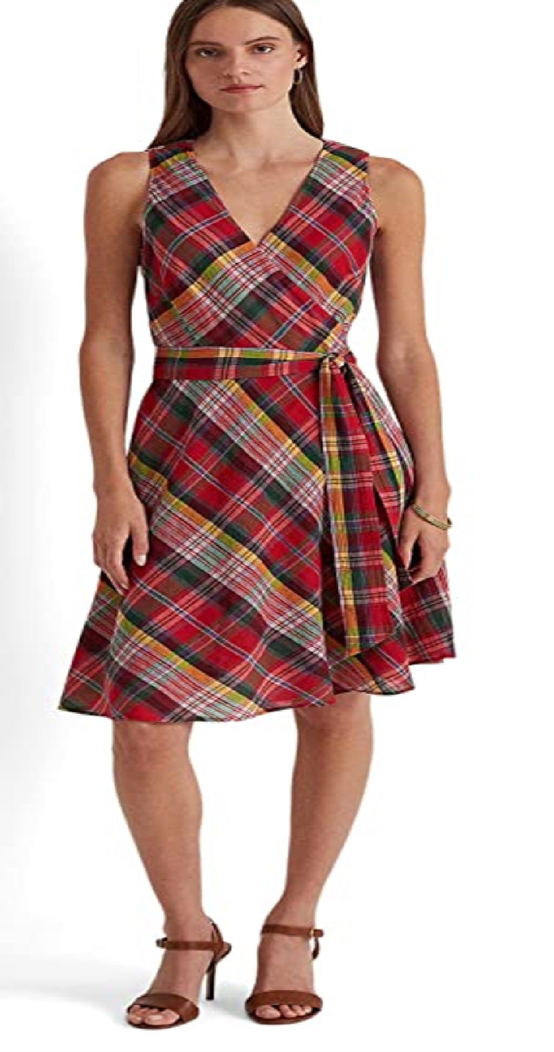 Ralph Lauren Women's Plaid Crinkle Cotton Sleeveless Dress Pink Size 2