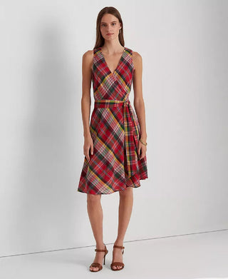 Ralph Lauren Women's Plaid Crinkle Cotton Sleeveless Dress Pink Size 6