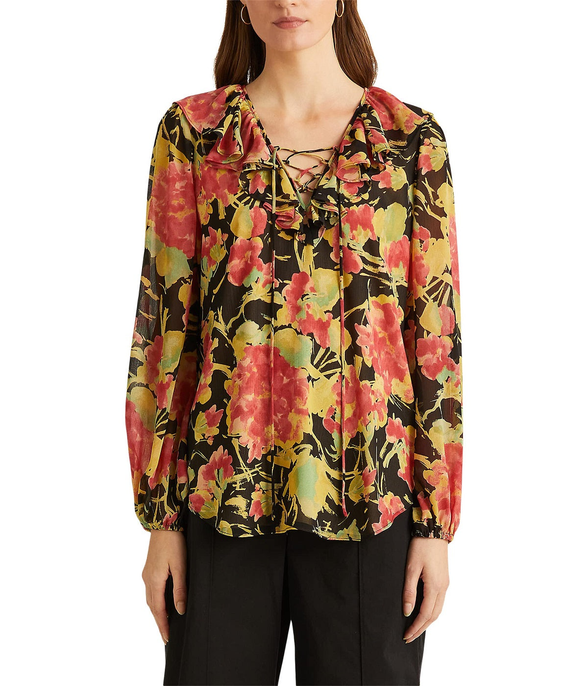 Ralph Lauren Women's Floral Crinkle Georgette Blouse Black Size Medium