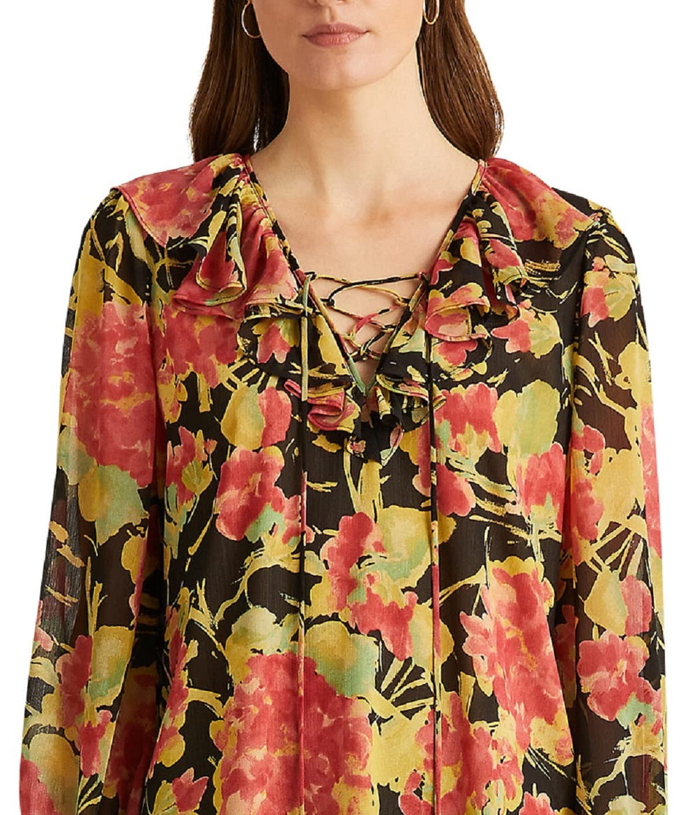 Ralph Lauren Women's Floral Crinkle Georgette Blouse Black Size Medium
