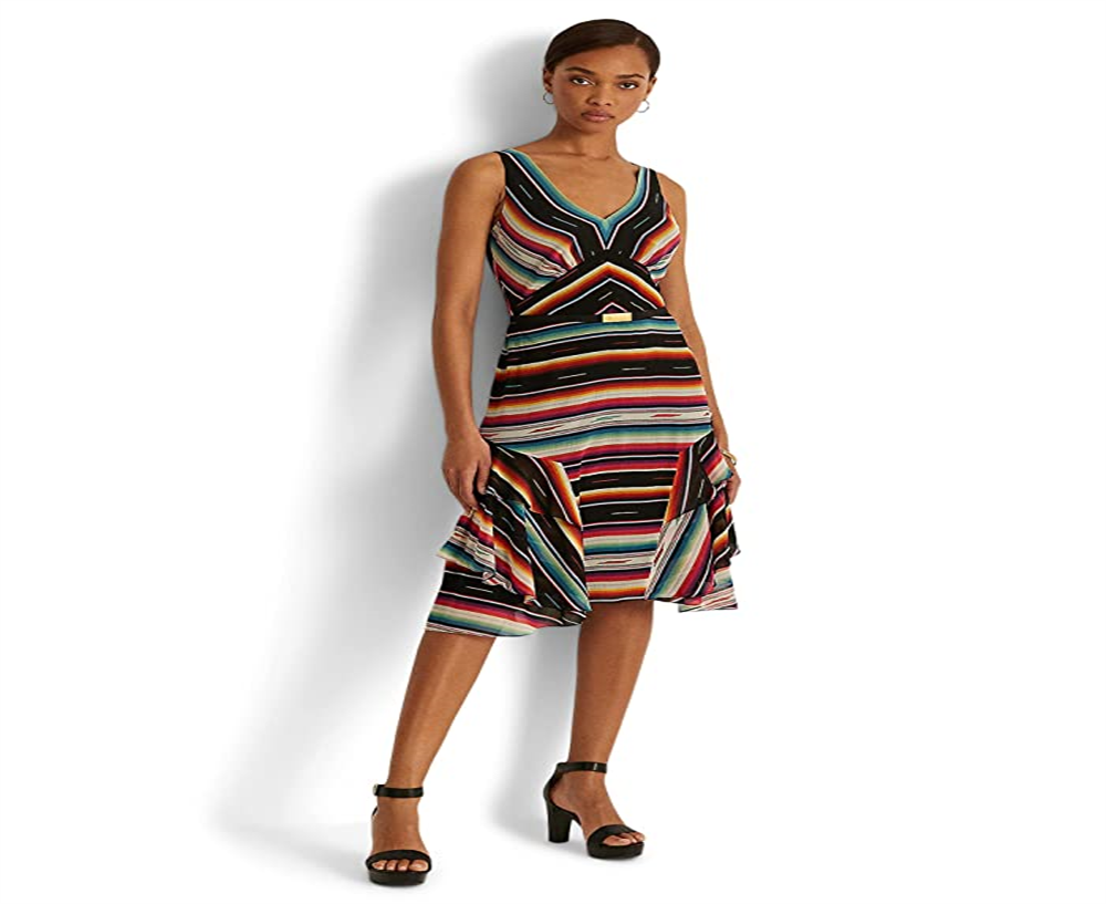 Ralph Lauren Women's Striped Crinkle Georgette Sleeveless Dress Black Size 10