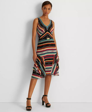 Ralph Lauren Women's Striped Crinkle Georgette Sleeveless Dress Black Size 6