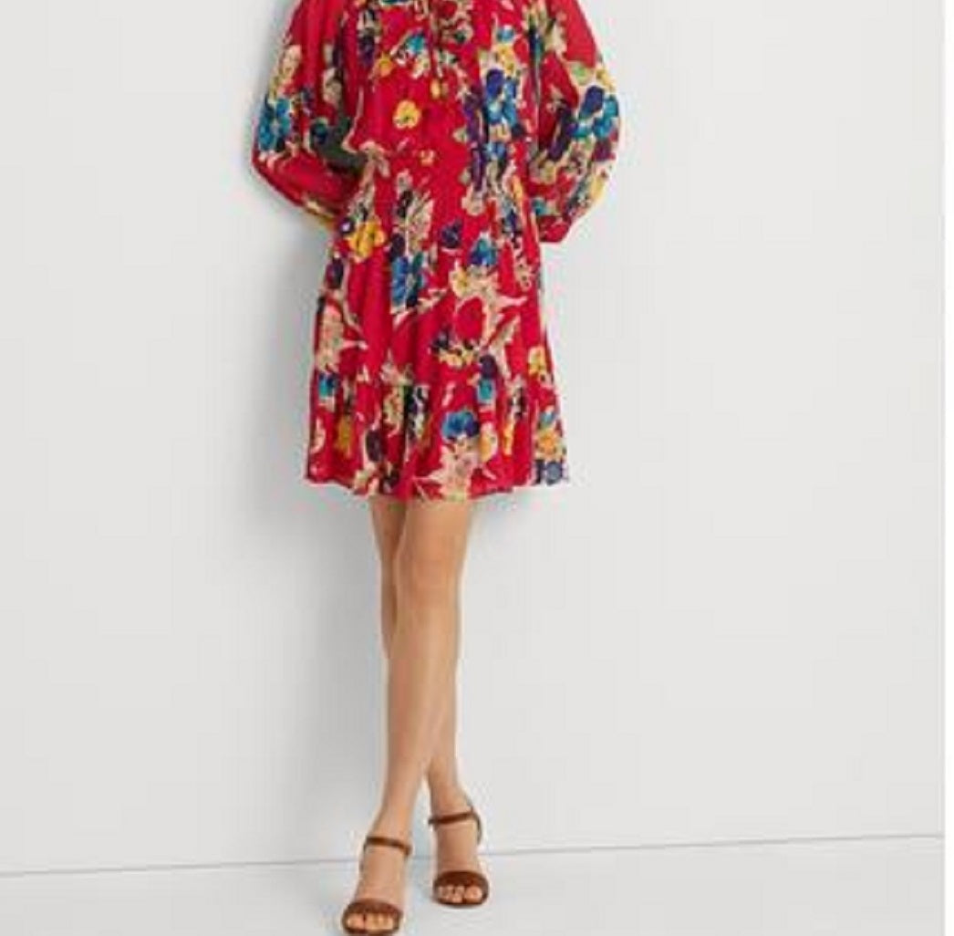 Ralph Lauren Women's Floral Crinkle Georgette Long Sleeve Dress Blue Size 6Petite