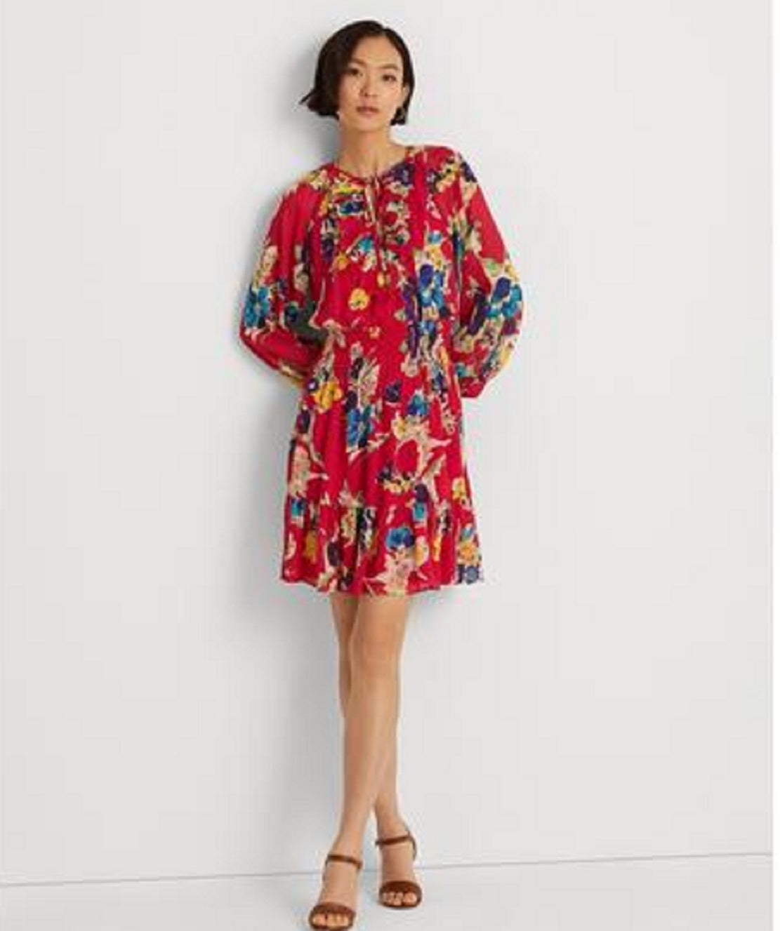 Ralph Lauren Women's Floral Crinkle Georgette Long Sleeve Dress Blue Size 6Petite