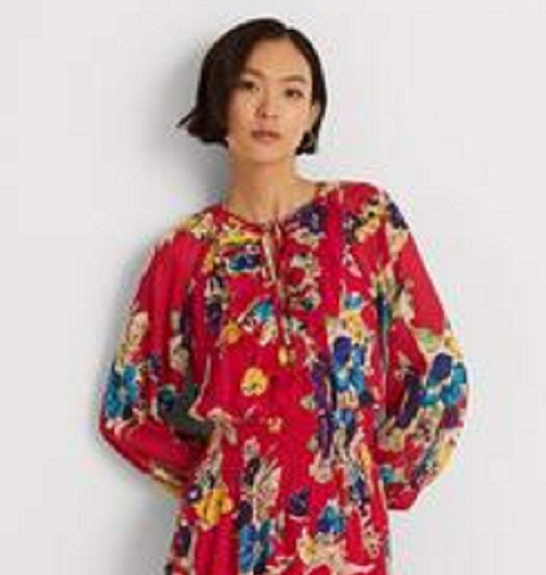 Ralph Lauren Women's Floral Crinkle Georgette Long Sleeve Dress Blue Size 6Petite