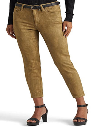 Ralph Lauren Women's Metallic High Rise Skinny Ankle Jeans Green Size 8Petite