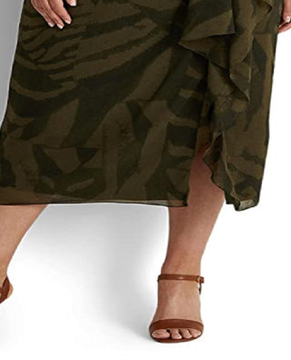 Ralph Lauren Women's Zebra Print Crinkle Georgette Midi Skirt Green Size 18W