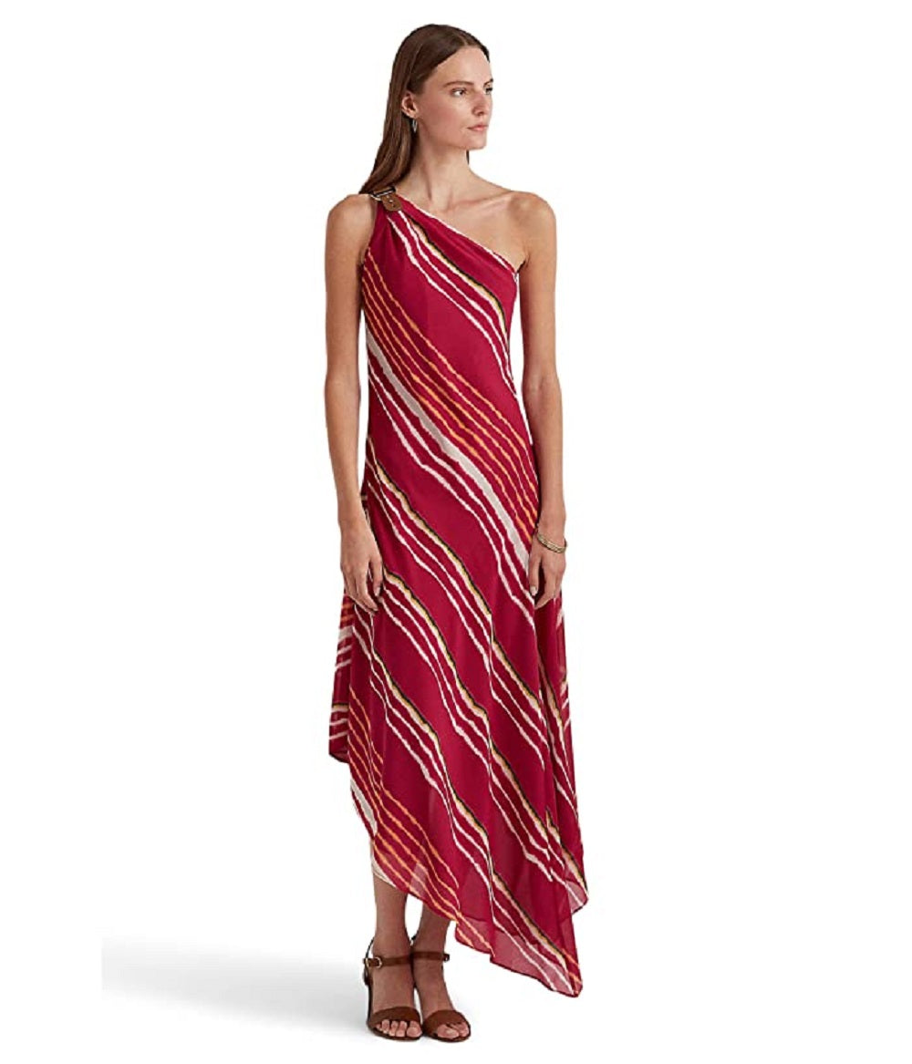 Ralph Lauren Women's Striped One Shoulder Crinkle Georgette Dress Assorted Size 8