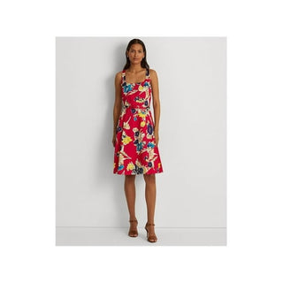 Ralph Lauren Women's Zippered Belted Pleated Skirt Lined Floral Sleeveless Square Neck Above The Knee Cocktail Fit Flare Dress Pink Size 2