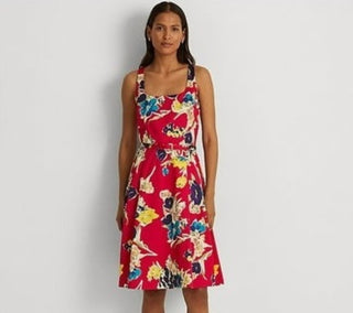 Ralph Lauren Women's Zippered Belted Pleated Skirt Lined Floral Sleeveless Square Neck Above The Knee Cocktail Fit Flare Dress Pink Size 2