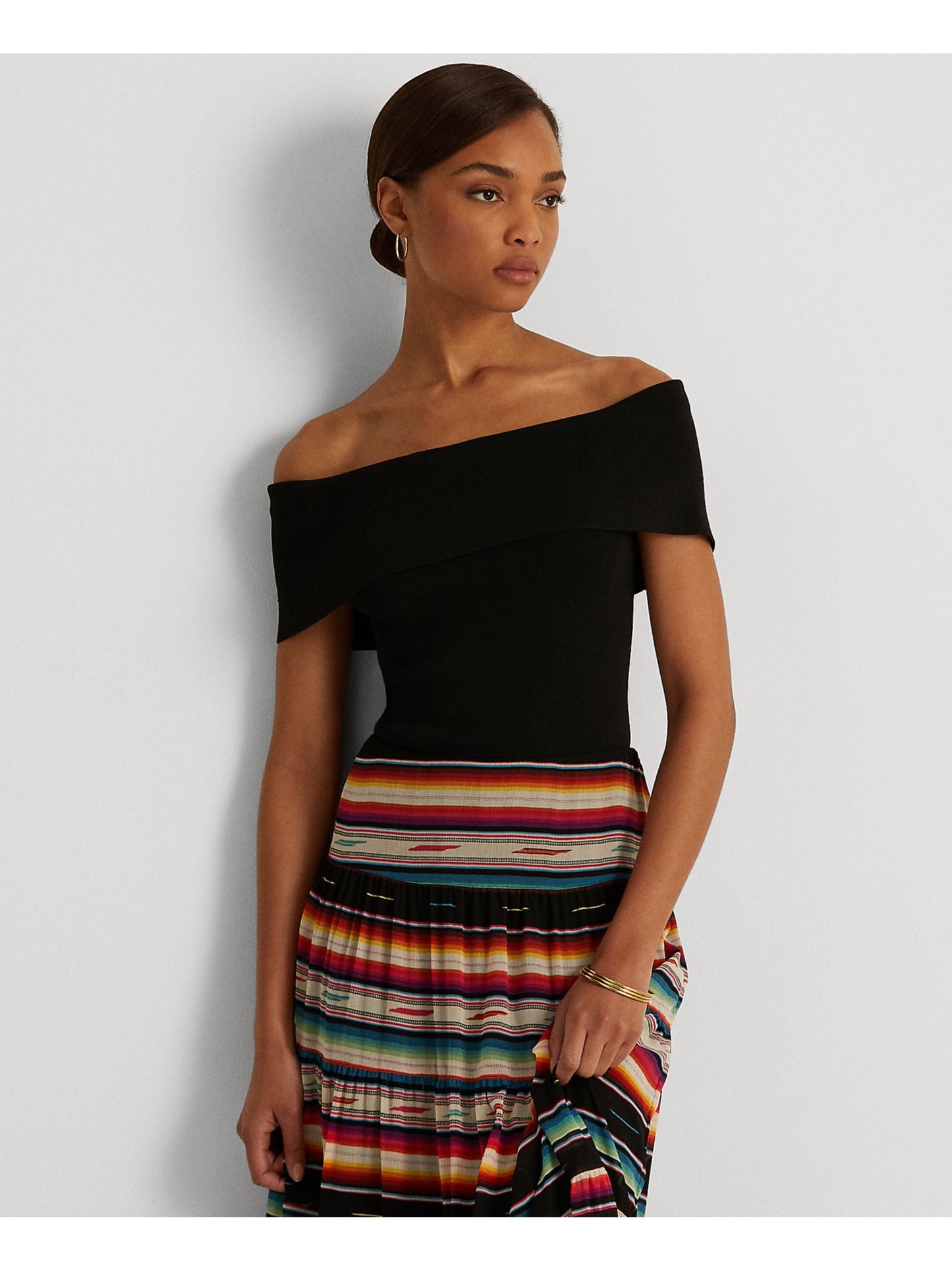 Ralph Lauren Women's Fitted Ribbed Short Sleeve Off Shoulder Party Top Black Size XX-Large