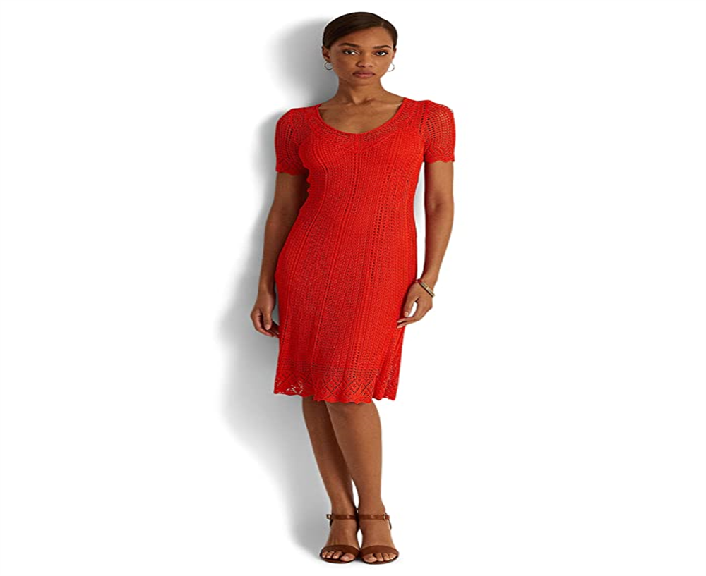 Ralph Lauren Women's Pointelle Short Sleeve Dress Orange Size Petite Small