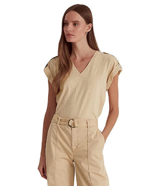 Ralph Lauren Women's Slub Jersey Roll Tab Sleeve Tee Brown Size Large