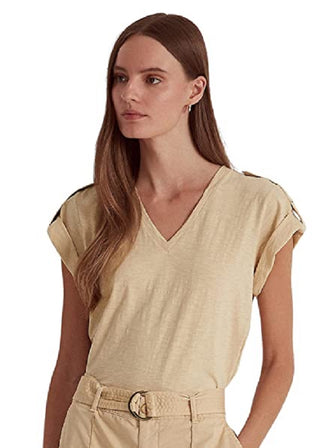 Ralph Lauren Women's Slub Jersey Roll Tab Sleeve Tee Brown Size Large