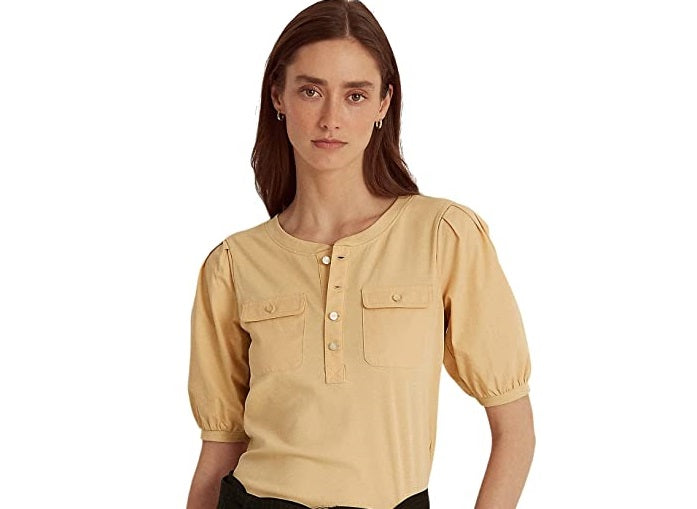 Ralph Lauren Women's Cotton Puff Sleeve Henley Top Brown Size Large