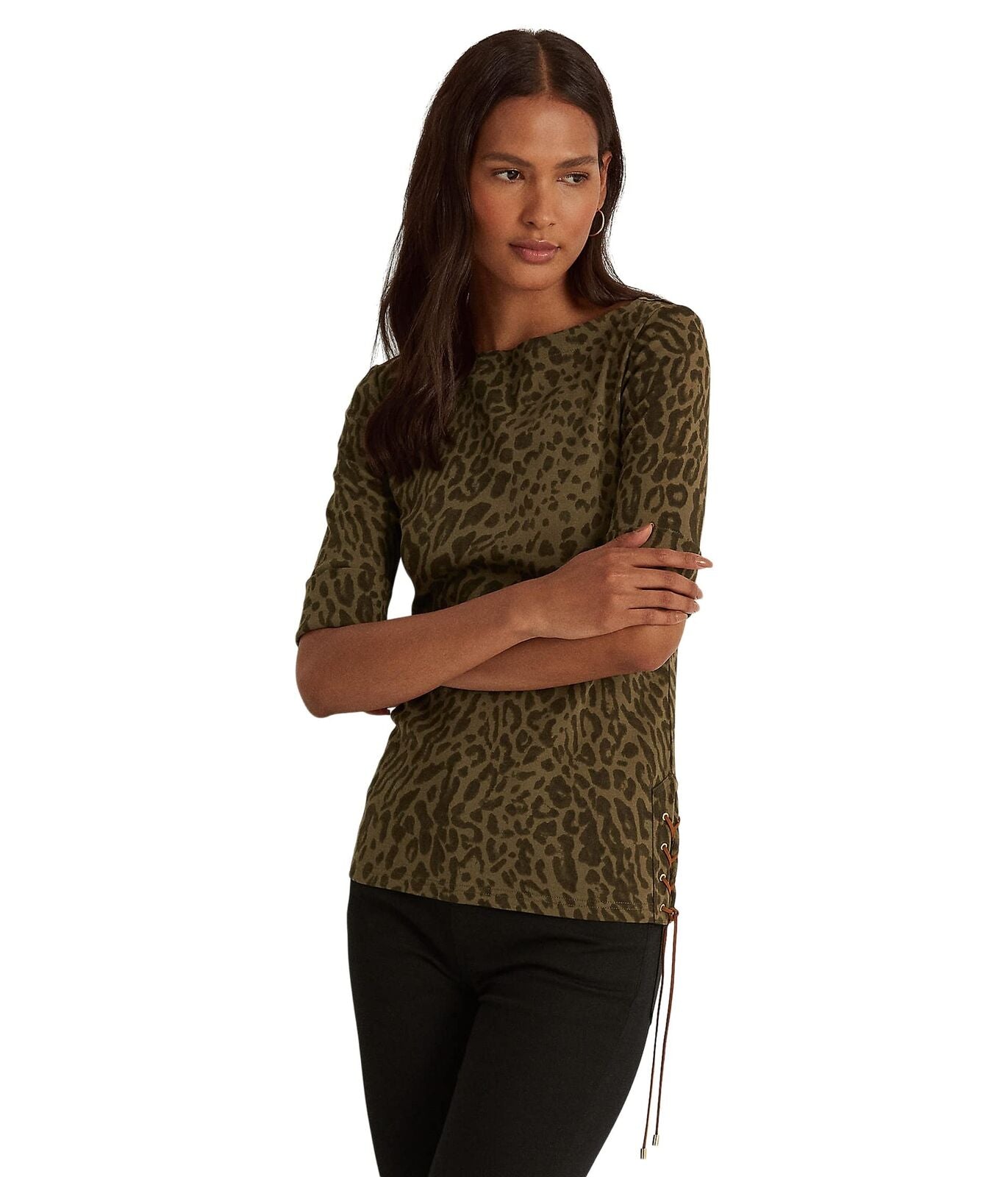Ralph Lauren Women's Ocelot Print Stretch Cotton Boatneck Top Green Size Small