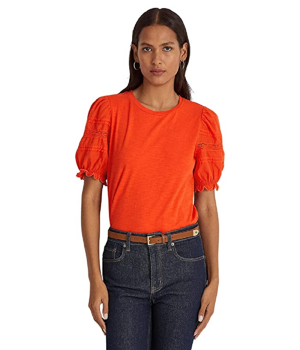 Ralph Lauren Women's Eyelet Slub Jersey Short Sleeve Tee Orange Size Large