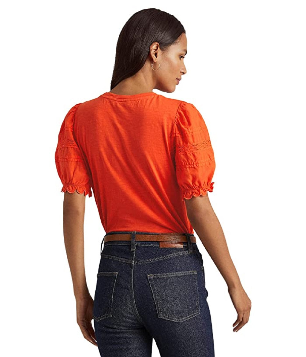 Ralph Lauren Women's Eyelet Slub Jersey Short Sleeve Tee Orange Size Large