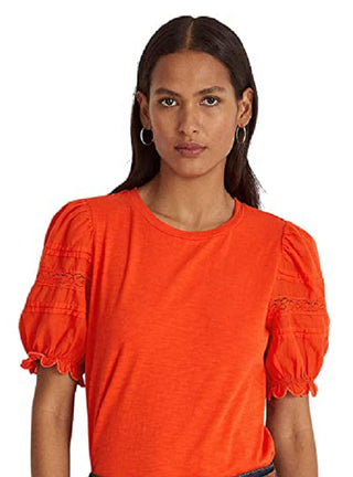 Ralph Lauren Women's Eyelet Slub Jersey Short Sleeve Tee Orange Size Large