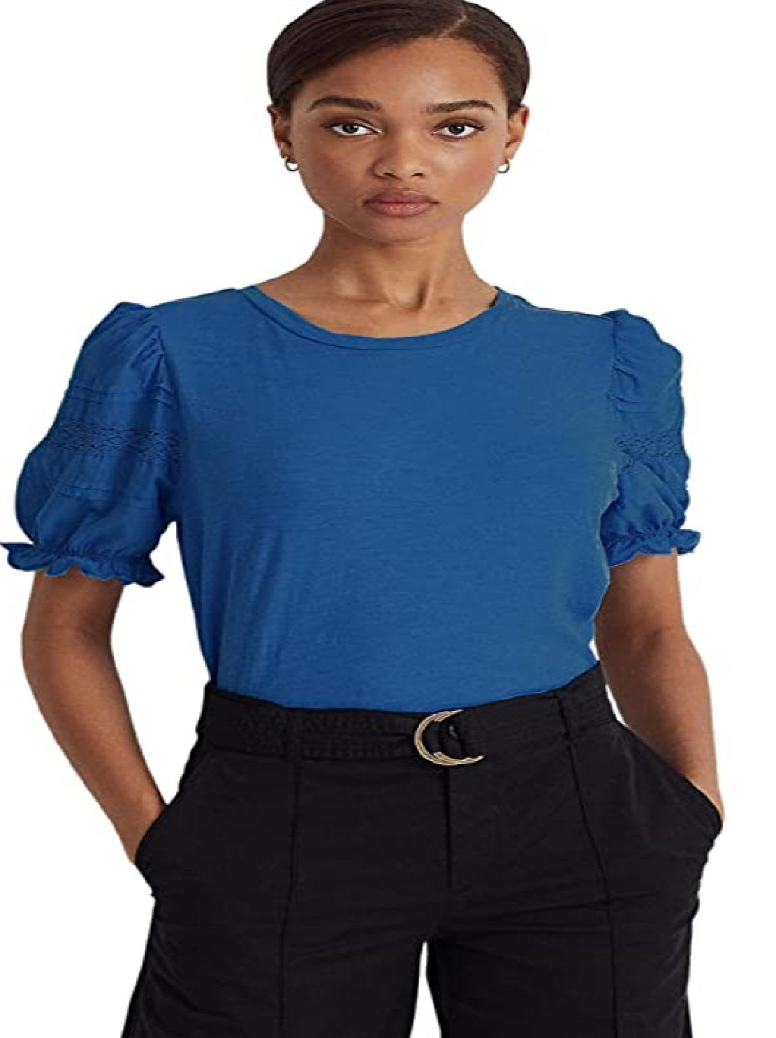 Ralph Lauren Women's Eyelet Slub Jersey Short Sleeve Tee Blue Size Large