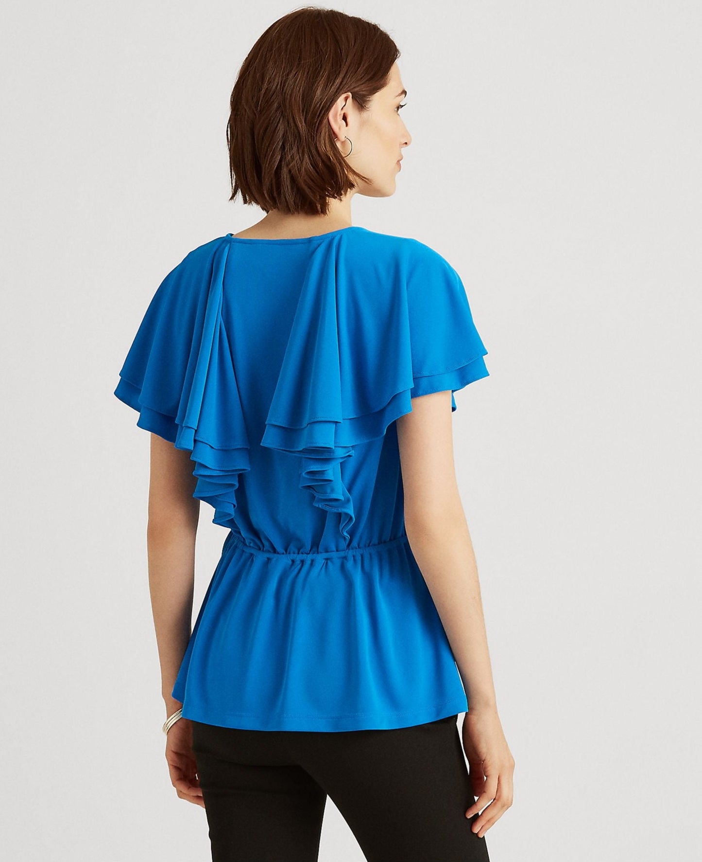 Ralph Lauren Women's Ruffled Side Tie Waist Flutter Sleeve Surplice Neckline Wear To Work Top Blue Size Medium