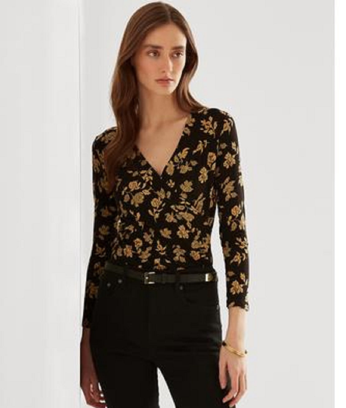 Ralph Lauren Women's Floral Surplice Stretch Jersey Top Black Size X-Large