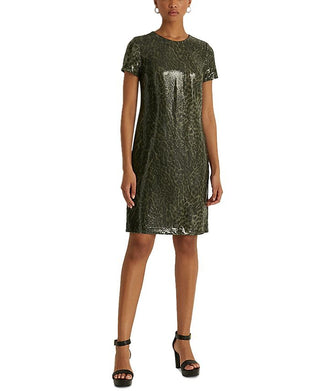 Ralph Lauren Women's Sequined Zippered Lined Animal Print Short Sleeve Round Neck Above The Knee Cocktail Shift Dress Green Size 8