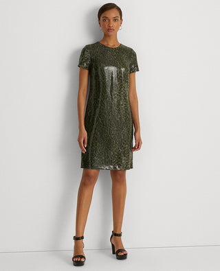 Ralph Lauren Women's Sequined Zippered Lined Animal Print Short Sleeve Round Neck Above The Knee Cocktail Shift Dress Green Size 8