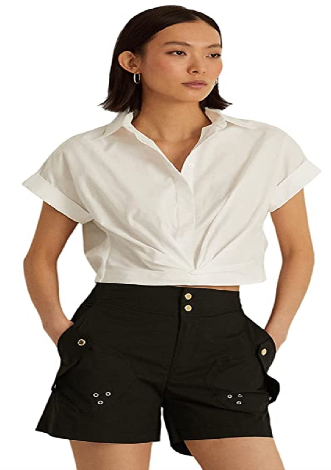 Ralph Lauren Women's Twist Front Cotton Broadcloth Shirt White Size 12