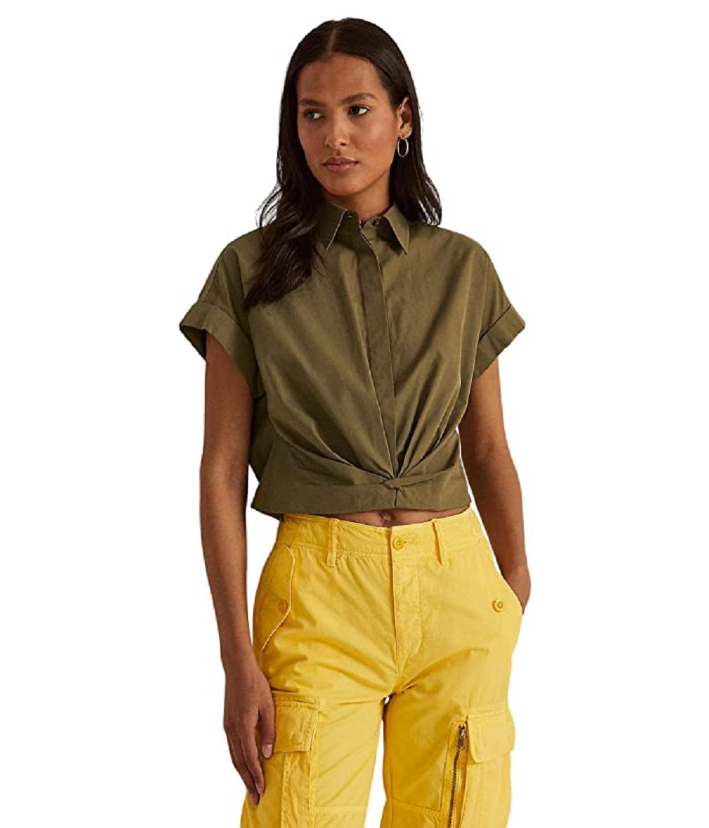 Ralph Lauren Women's Twist Front Cotton Broadcloth Shirt Green Size 8