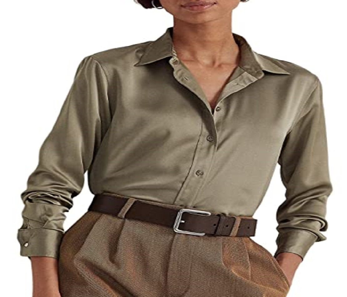 Ralph Lauren Women's Satin Charmeuse Shirt Green Size Small
