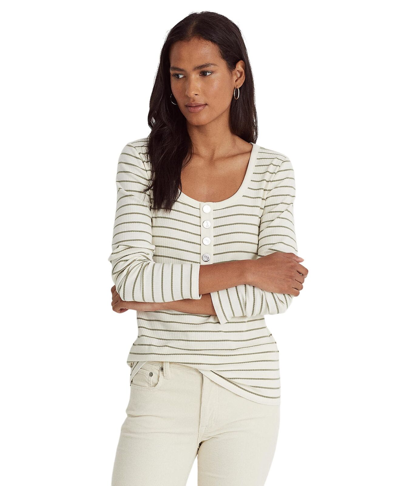 Ralph Lauren Women's Striped Jersey Henley Top Brown Size X-Large