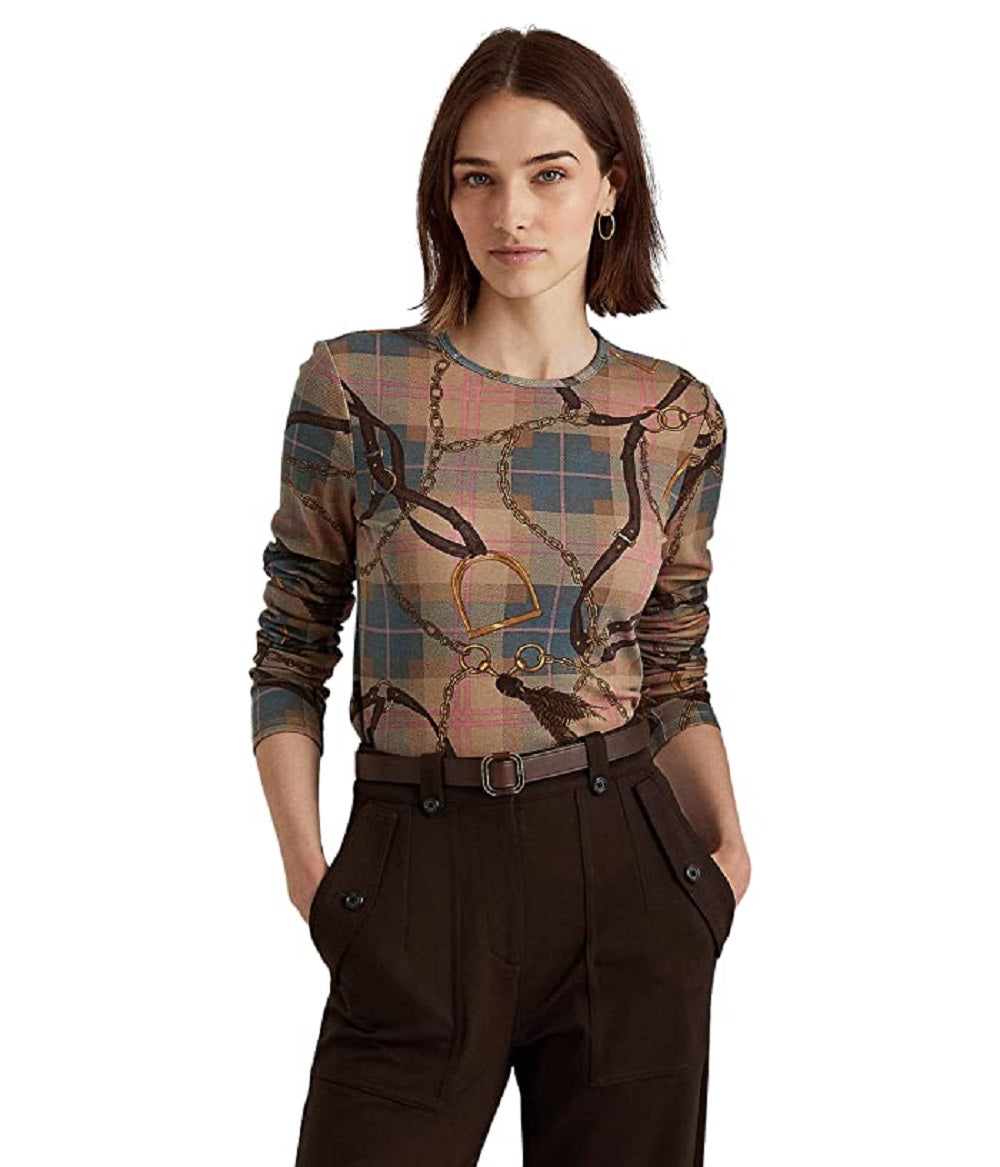 Ralph Lauren Women's Plaid Stretch Cotton Long Sleeve Tee Brown Size Medium
