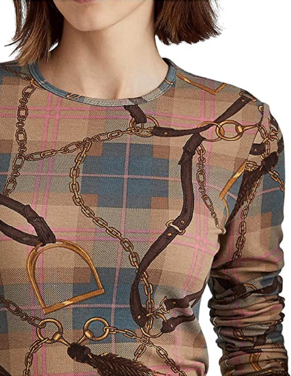 Ralph Lauren Women's Plaid Stretch Cotton Long Sleeve Tee Brown Size Medium