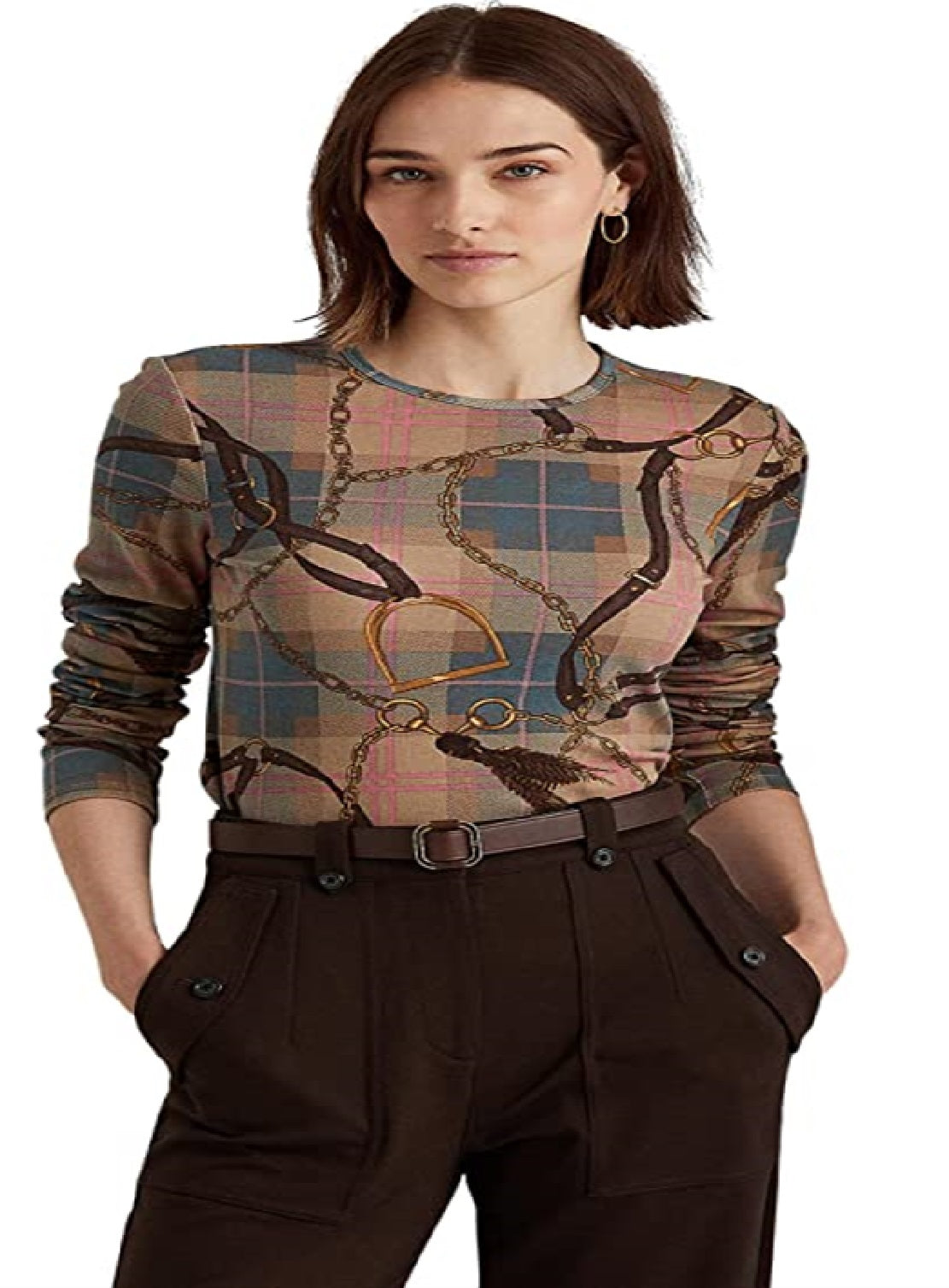 Ralph Lauren Women's Plaid Stretch Cotton Long Sleeve Tee Brown Size X-Large