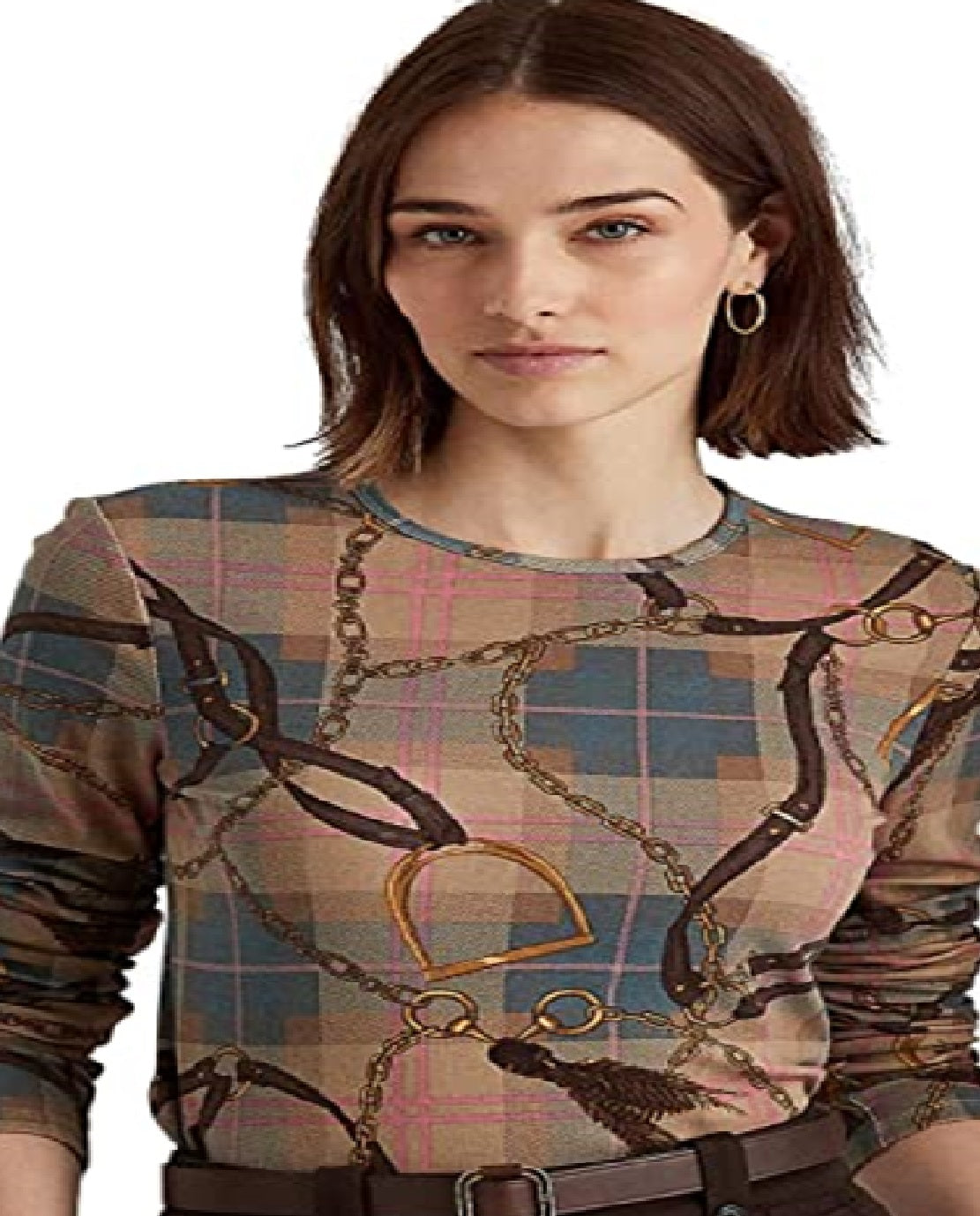 Ralph Lauren Women's Plaid Stretch Cotton Long Sleeve Tee Brown Size X-Large
