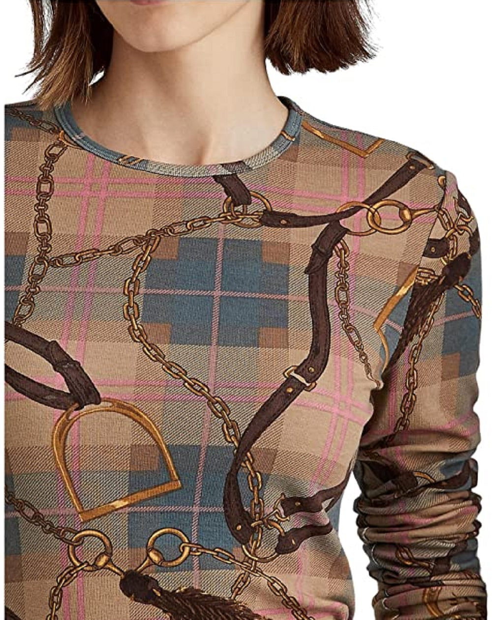Ralph Lauren Women's Plaid Stretch Cotton Long Sleeve Tee Brown Size X-Small