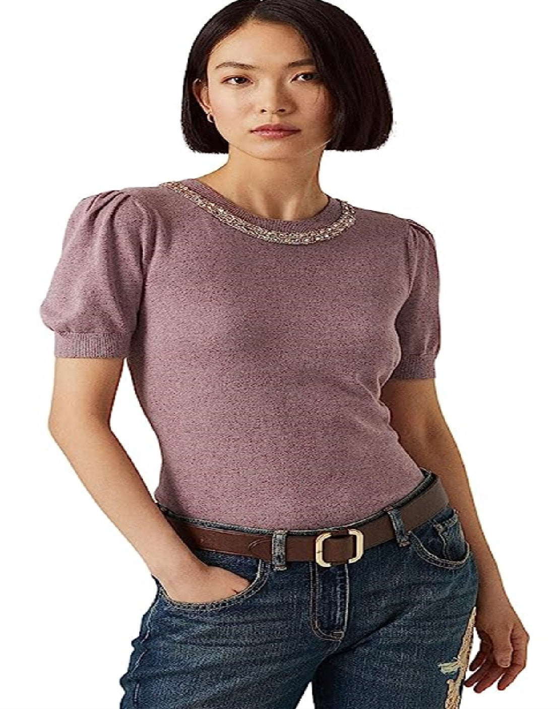 Ralph Lauren Women's Beaded Short Sleeve Sweater Purple Size Large