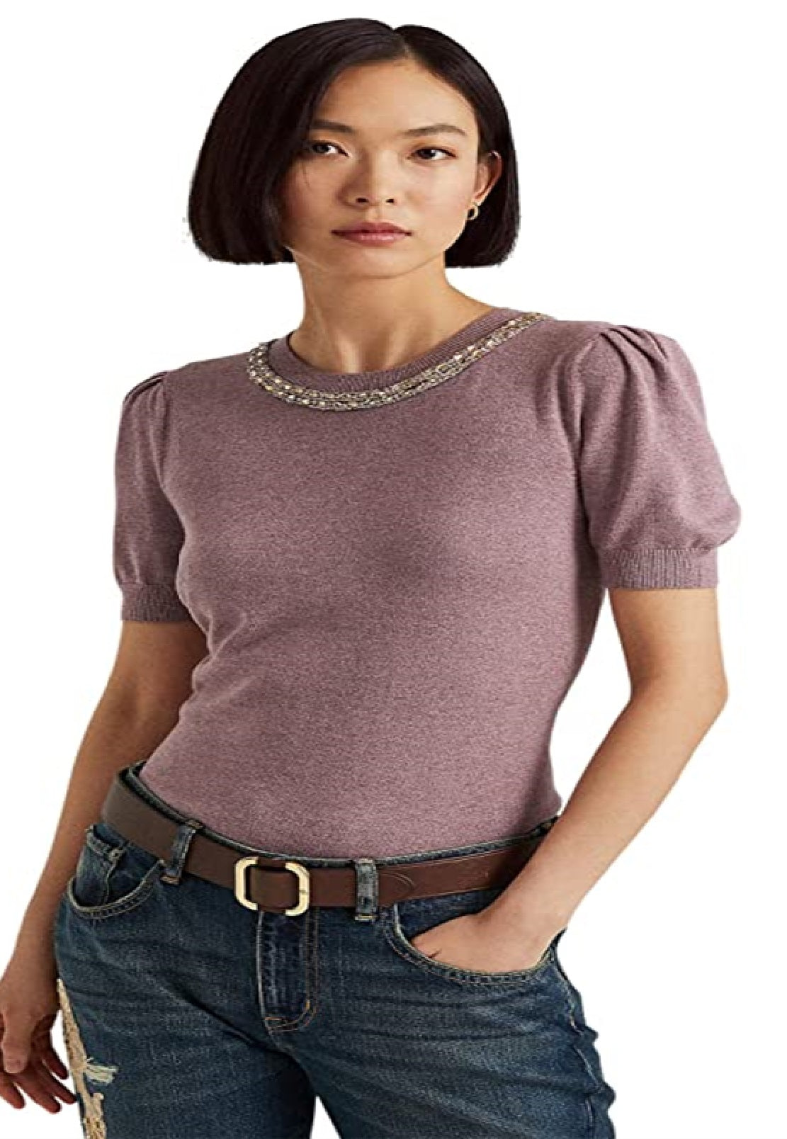 Ralph Lauren Women's Beaded Short Sleeve Sweater Purple Size X-Small