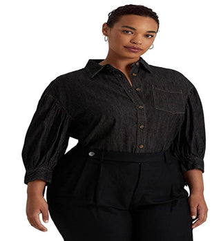 Ralph Lauren Women's Denim Blouson Sleeve Blouse Black Size 2X