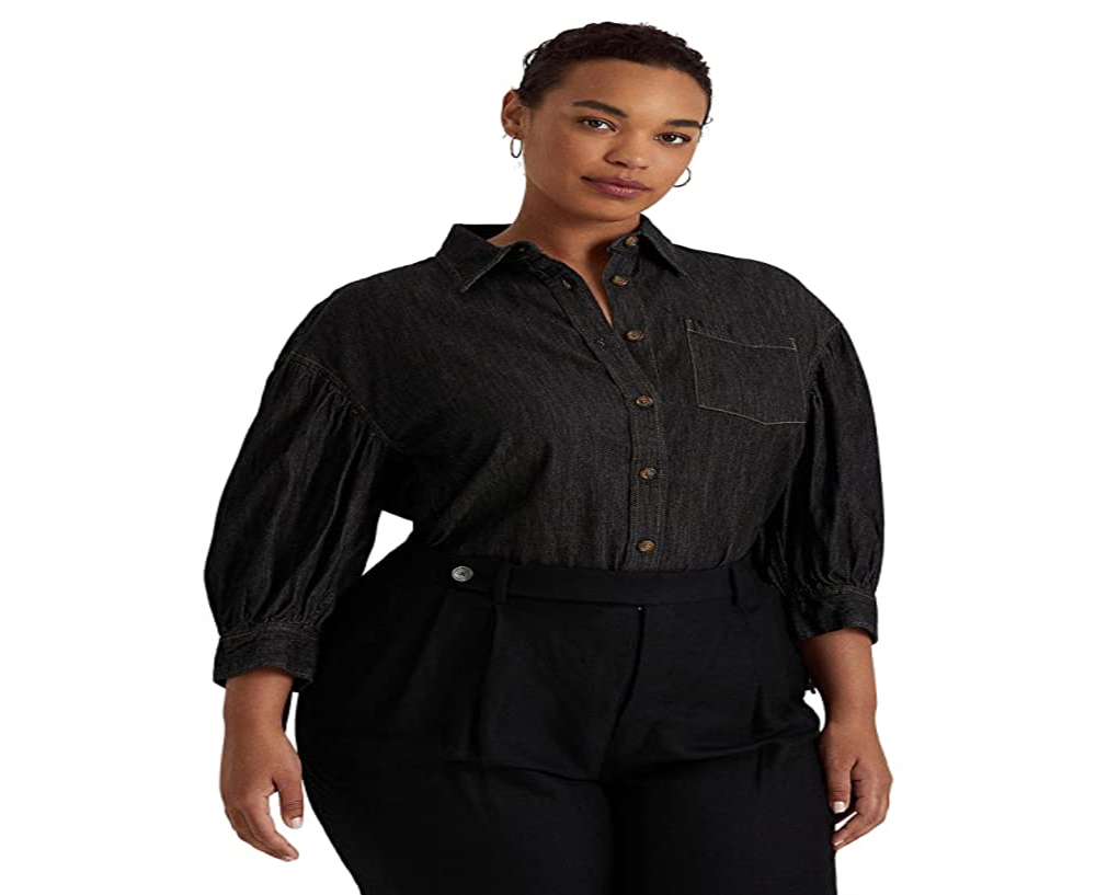 Ralph Lauren Women's Denim Blouson Sleeve Blouse Black Size 3X