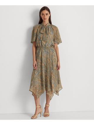 Ralph Lauren Women's Paisley Short Sleeve Tie Neck Midi Wear To Work Shift Dress White Size 10