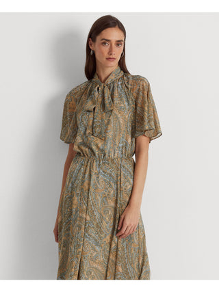 Ralph Lauren Women's Paisley Short Sleeve Tie Neck Midi Wear To Work Shift Dress White Size 10